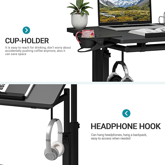 Klvied Adjustable Height Standing Desk with Cup Holder Portable and Easy to Move Ideal for Home or Office Black