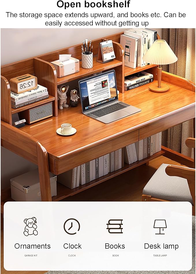 Solitar Soild Wood Computer Desk with HutchHome Office Desk Study Writing Desk with Shelves for Small SpaceSpace Saving PC Work Desk for Bedroom &amp Apartment(120x60x105cm(47x24x41in) Yellow)