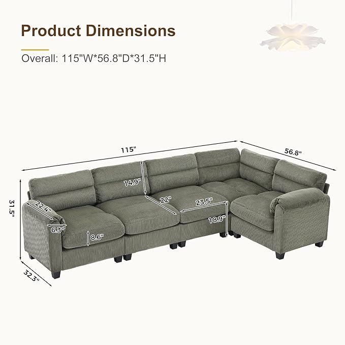 115 Wide Modular Sectional L Shaped Corner Sofa Couch Corduroy Fabric 5-Seater Couches with Thick Cushion and Rolled Arm for Living Room Green