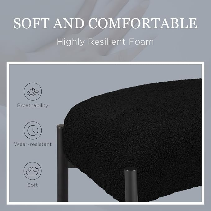 Vanity Stool Chair Faux Fur 16.3L x 12.8W x 17.3H Soft Ottoman Makeup Chair Bench Furry Padded Seat with 4 Metal Legs Footstool Multifunctional Chairs for Bedroom Living Room Black