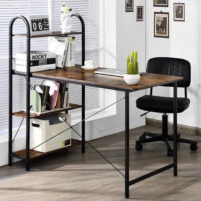 Tangkula 48-Inch Reversible Computer Desk with Storage Shelves Home Office Study Writing Desk with Bookshelves Writing Computer Workstation Home Office Desk (Rustic Brown)