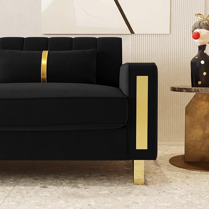 85.63 Modern Black Velvet Sofa with Gold Metal Legs Large Upholstered Comfy 3 Seater Couches for Living Room Bedroom Office (Black)
