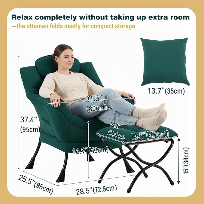 Lazy Chair with Ottoman Large Accent Chair with Ottoman and a Throw Pillow Dark Green Reading Chair for Living Room Bedroom Dorm Room Office Apartment Relaxing Use