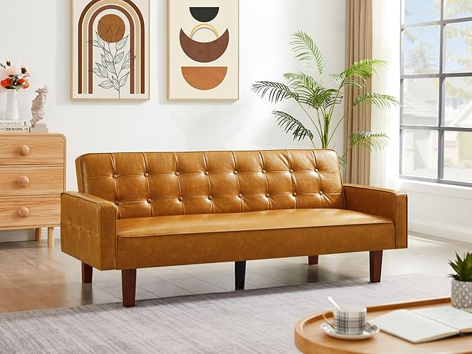Vegan Leather Sofa Bed Sleeper Couch 74.4 Inch Convertible Loveseat Size for Small Space 3 Seater Chesterfield Button Tufted for Office Apartment Dorm Living Room Brown