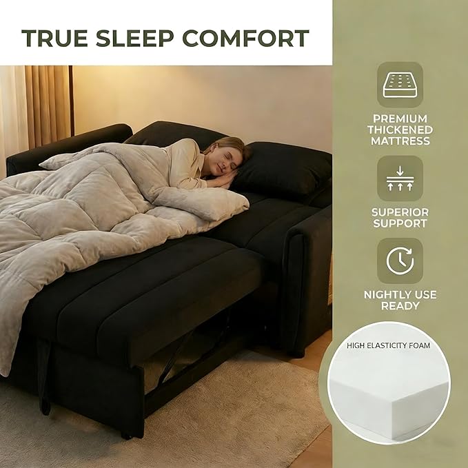 3-in-1 Convertible Sleeper Sofa with Integrated USB &amp Type-C Charging Station Modern Pull-Out Bed Loveseat for Living Room Comfy Fabric with Side Pocket Easy Assembly(Black) | Phone Stand USB