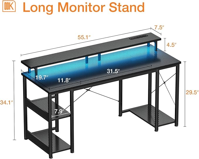 ODK 55 inch Computer Desk with Power Outlets &amp LED Lights Gaming Desk with Monitor Stand &amp Storage Sheves Home Office Desk Carbon Fiber Black