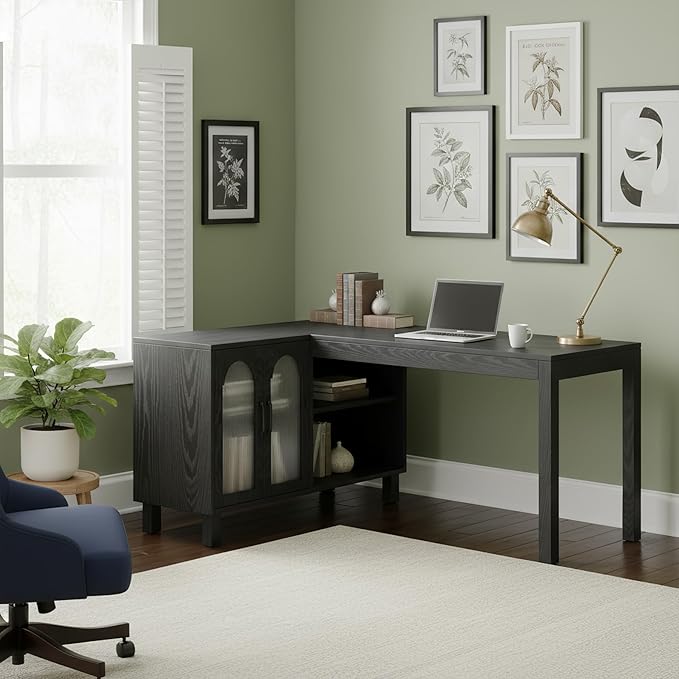 Tribesigns 59 L Shaped Desk with File Cabinet Executive Office Desk with Storage Shelves Modern Wood Computer Desk Coner Writting Desk for Home Office Work Study (Black)