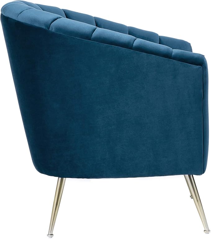 Manhattan Comfort Rosemont Velvet Accent Armchair Scalloped Chair with Mid-Century Modern Shell-Style with Wraparound Back Vertical Channeling Ideal for Living Room Use Set of 1 Blue