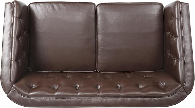 Dark Brown Loveseat Sofa PU Leather Tub Chair with Button-Tufted Stitch Contemporary Two-Seater Couch with Birch Wood Legs for Living Room