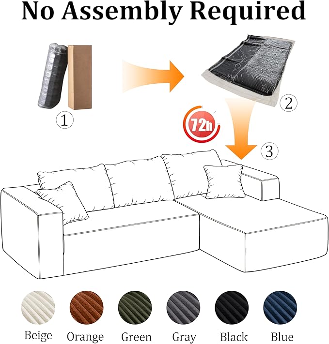 108'' L-Shaped Cloud Modular Sectional Sofa Modern Corduroy Memory Foam Couch with Right Facing Chaise Lounge Upholstered Boneless Deep Seat Fluffy Sofa No Assembly Needed for Home Olive Green