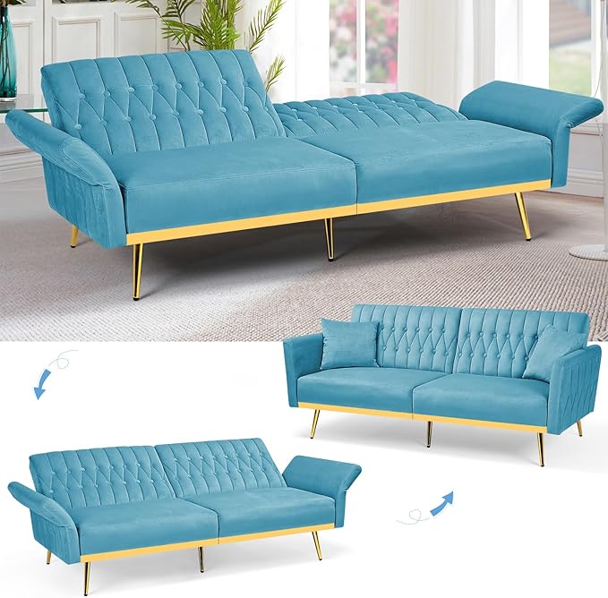 70” Velvet Futon Sofa Bed with 2 Pillows and Adjustable Armrests Convertible Sleeper Bed W/Adjustable Backrests Modern Loveseat for Living Room Bedroom Baby Blue