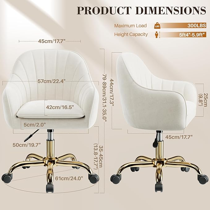 Vanity Chair with Wheels Comfy Home Office Desk Chairs Adjustable Modern Velvet Makeup Vanity Chairs for Bedroom Living Room-Beige