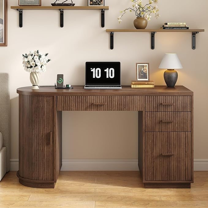 ONBRILL 58 Inch Fluted Executive Desk Computer Desk with Storage Drawers &amp File Drawer Modern Home Office Desk with Charging Station for Working Studying Writing Walnut