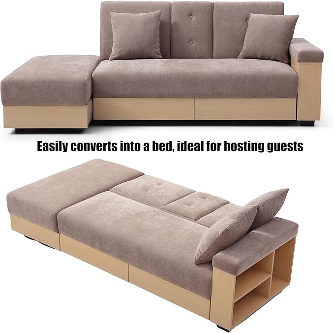 Sofa 84.65 Convertible Sofa Bed with Storage Ottoman Adjustable Armrest &amp Coffee Table - Perfect for Small Apartments 2 Drawers Soft Cotton Linen Fabric Solid Wood FrameLight Brown