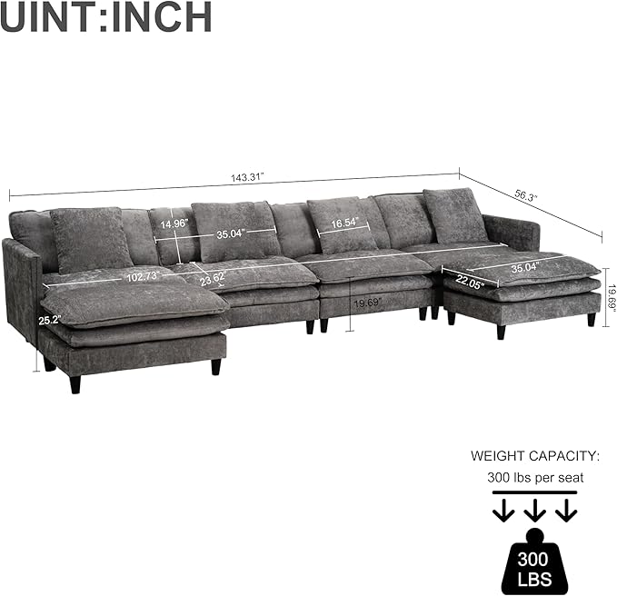 108’’ Modular Sectional Sofa with Sleeper Comfy Cloud Couch L Shaped Chenille Couch with Thick Cushions &amp Movable Ottoman for Living Room Bedroom (Grey 143.31- U Shape Sofa)