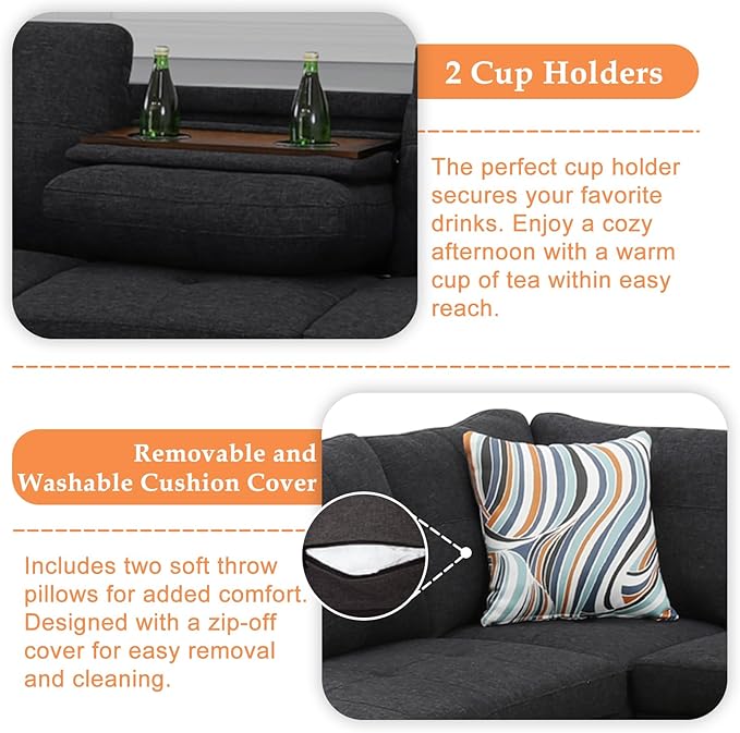 Wakefit Sectional Sofa Couch Modern 4-Seaters Living Room Furniture Sets with Chaise Lounge Ottoman &amp 2 Pillows | L Shape Couch | Cup Holder | Linen Fabric Charcoal Gray