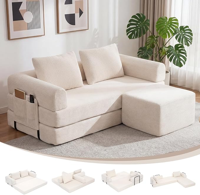 Redlife 78 Folding Sofa Bed with Ottoman Modular Loveseat Sleeper Couch Convertible Floor Sofa Corduroy Fabric Wide Armrests 28.3 Deep Seat Removable Covers &amp Side Pocket No Assembly Bei