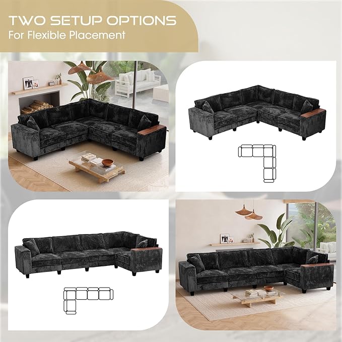 97 Inches Corduroy Couch with 2 Pillows Deep Seat Sectional Sofa Armrests with Two Hidden Storage Space Corner Couch Oversized L Shaped Cloud Couches for Living Room Black