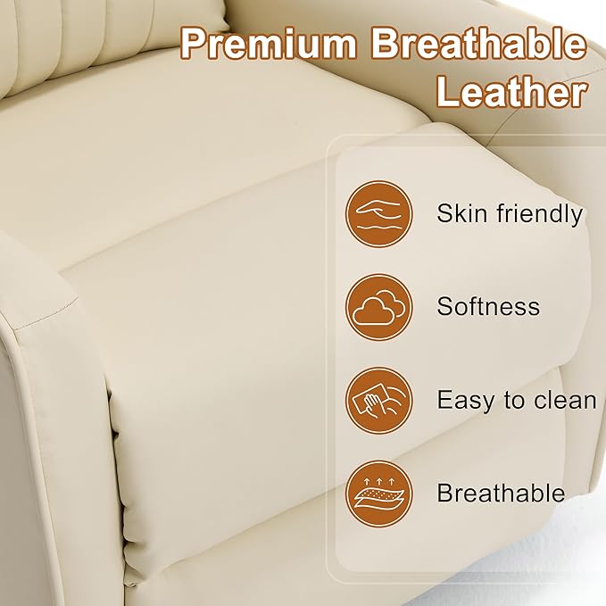 Manual Swivel Rocker Recliner Chair for Adults Overstuffed Glider Chair for Nursery with Massage and Heat Living Room Reclining Chair Faux Leather Light Yellow