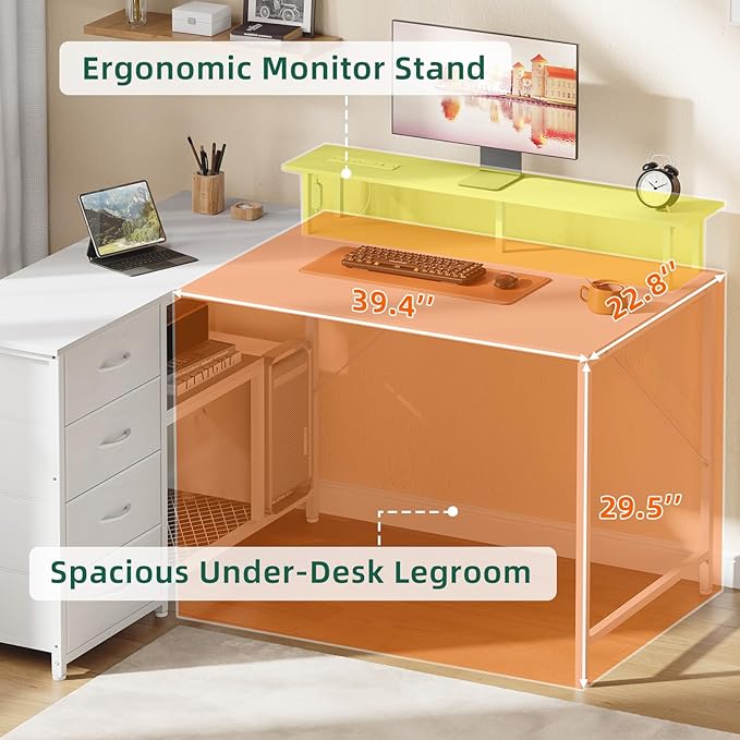 Somdot 53 L Shaped Desk with 4 DrawersReversible Home Office Desks with Power OutletsGaming Desk with USB Charging Port and Host StandCorner Desk with Storage Shelves for GamingWhite Leather