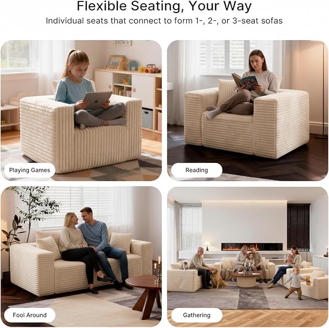 Single Cloud Sofa High Backrest Wider Armrest Foam Boneless Couch Comfy Furry Pillowed Single Seater for Small Spaces Living Room Bedroom Dorm Office（Beige）