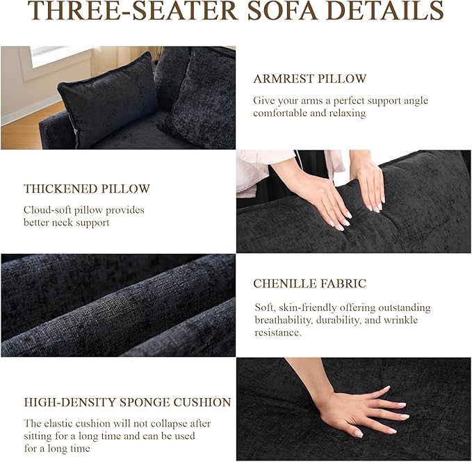 107 L Shaped Modern Sofa Modular Sectional Upholstered Double-Layer 3 Seater Cloud Couch Chenille Deep Seat Sofa with Throw Pillows &amp Movable Ottoman for Living Room Apartment Black