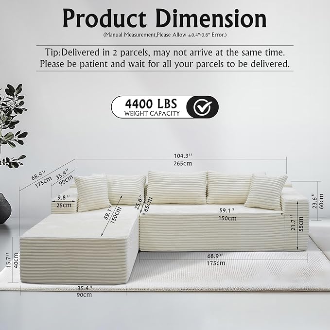 White sectional couches for Living Room Corduroy Couch104 Cloud Sectional Couch with L-Shape Chaise Modern Modular Sofa Deep Seat Comfort No Assembly Required(Plush Corduroy Fabric)