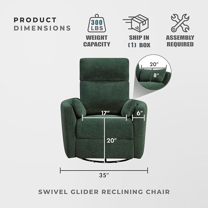 Lexicon Modern Swivel Glider Recliner Chair - Quiet 360 Swivel Chair Durable Microfiber Upholstered 2 Pillows Manual Reclining for Living Room Small Spaces Nursery Apartment Bedroom Green
