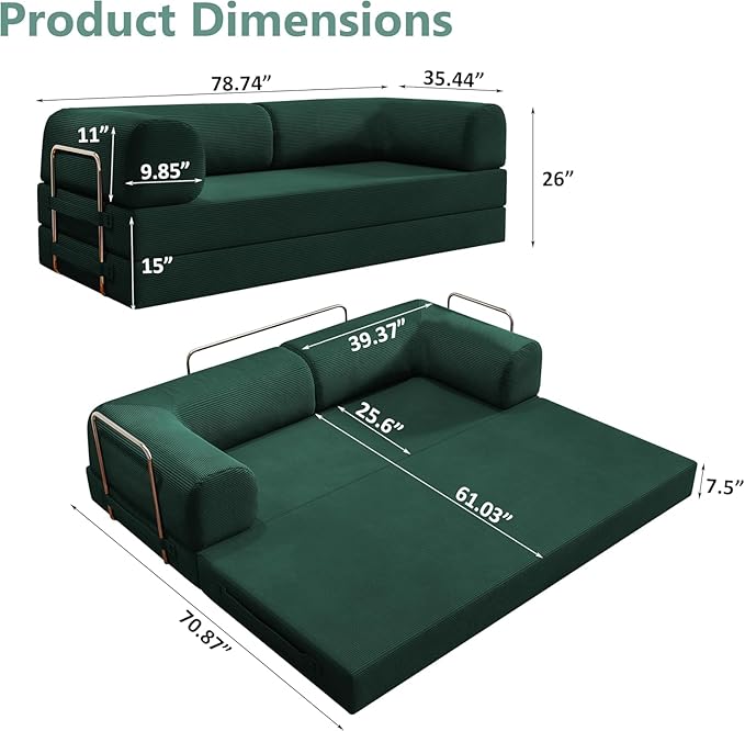 78.8 Folding Convertible Sofa Bed 4-in-1 Floor Sofa Modular Futon CouchPull Out Couch Memory Foam King Size Sofa BedNo Assembly Needed Boneless Couch for Living Room（Green）