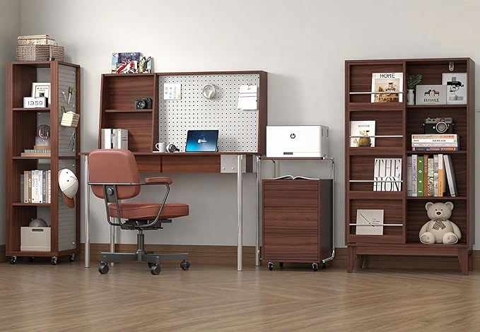 JOMEED Computer Desk with Hutch &amp DIY Pegboard Board 47 Inch Modern Home Office Study Writing Desk with Bookshelf &amp 2 Drawers Workspace for Work and Study Walnut