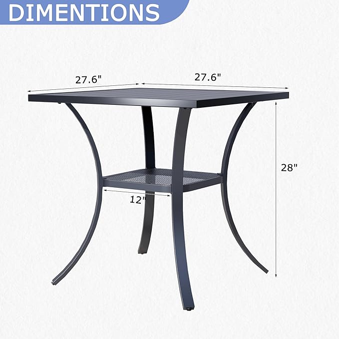27.6 Square Outdoor Patio Table All-Weather Metal Patio Table with Storage ShelfOutdoor Dining Table for Lawn Garden Porch Black