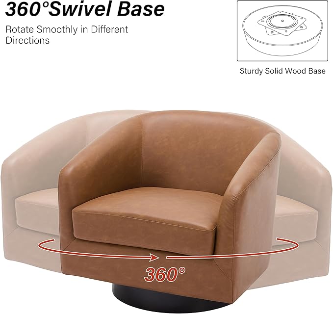 Swivel Barrel Chair Modern Round PU Leather Accent Armchair for Living Room Bedroom Oversized Comfy Club Reading Chairs for Adults (Leather Brown Set of 1)