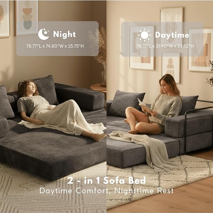 Alpen Futon Sofa Bed 4-in-1 Floor Foldable Sofa Couch Bed Queen with L-Shaped Armrests Convertible Folding Chair Bed Sleeper Mattress Sofa in A Box for Living Room Bedroom Dark Grey