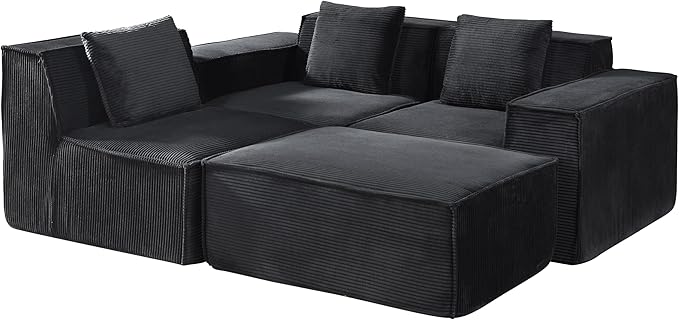 Rowan Convertible Corduroy Sectional Couch with Ottoman &amp Pillows Modular L Shaped Sleeper Sofa Boneless Cloud Couch for Living Room Furniture Black