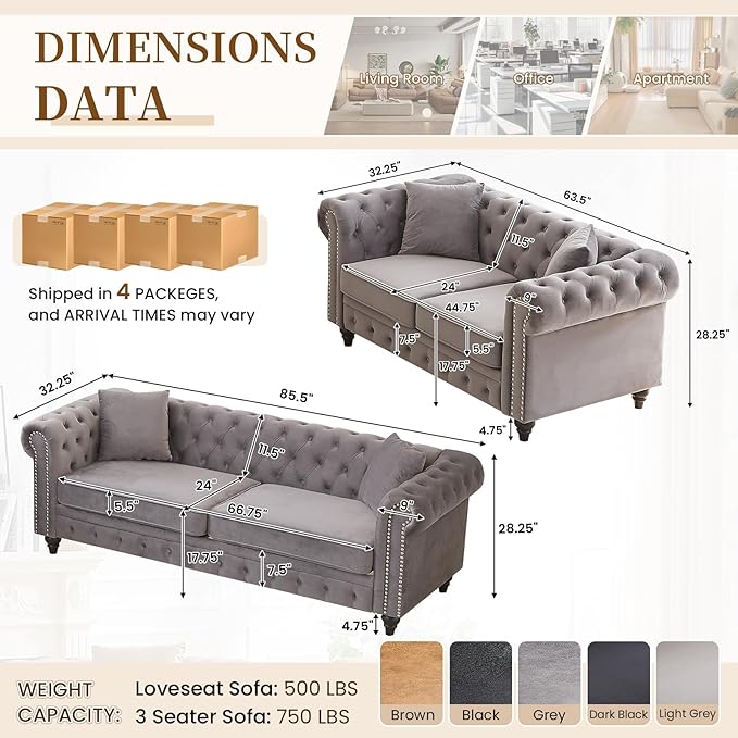 2 Piece Living Room Sofa Set Velvet Button Tufted Couch and Loveseat Set with Nailhead Trim&ampRoll Armrests Mid Century Modern Chesterfield Sofa for Living Room Office(Loveseat+3 Seater Light Gr