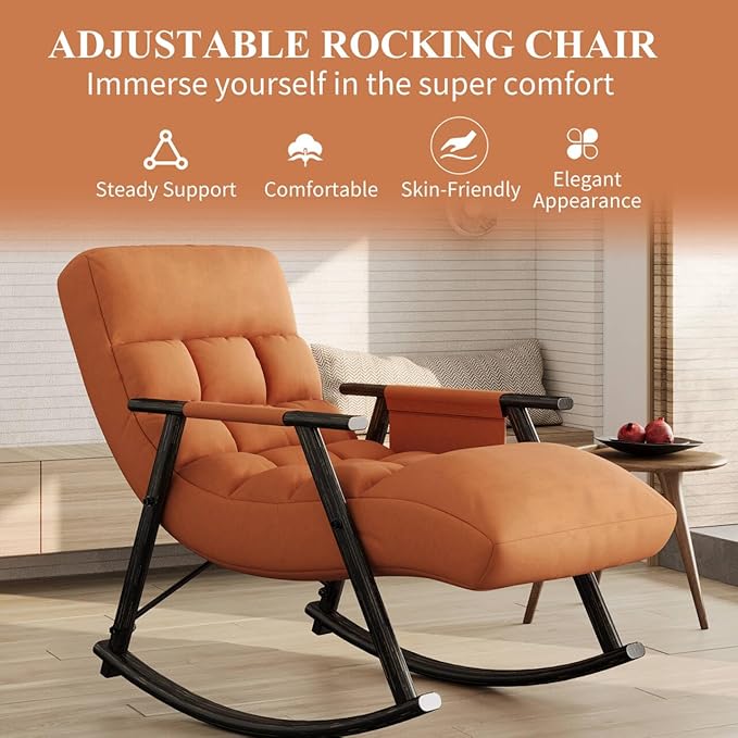 NIOIIKIT Nursery Rocking Chair Velvet Upholstered Rocker Chair with Adjustable Back&ampFootrest Reclining Glider Chair with Side Pocket Tufted Glider Rocker Armchair for Living Room (Orange Velve