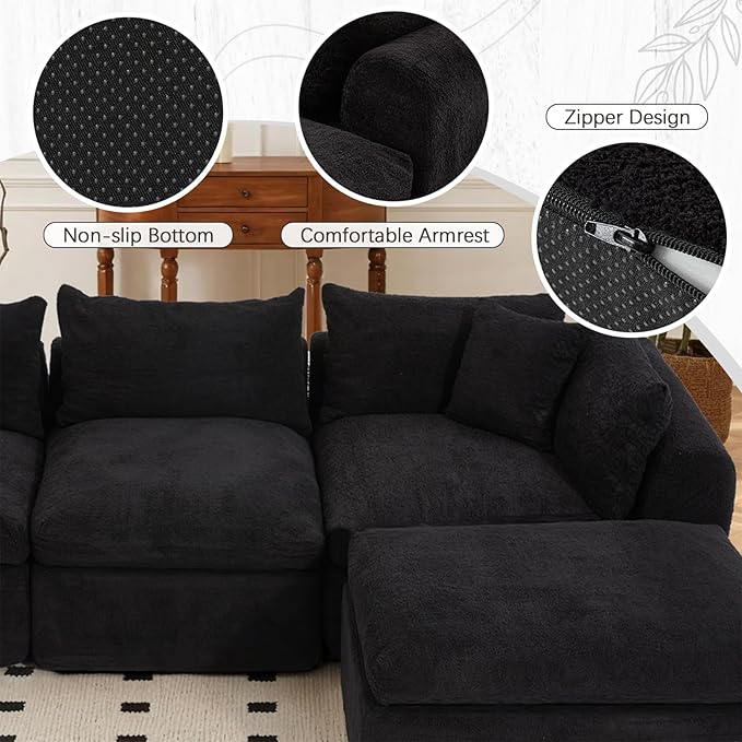 AVAWING 113 Modular Sectional Sofa Modern L Shaped Cloud Couch with Deep Seat &amp Ottoman Comfy Soft Boneless Sofa with Chaise for Living Room &amp Bedroom No Assembly Needed (Black)