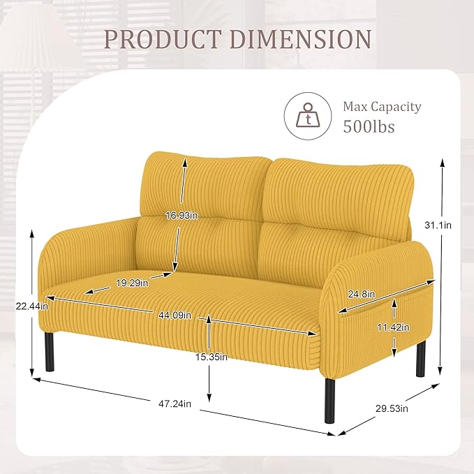 47'' Small Loveseat Sofa Comfy Corduroy Love Seat Couch for Small Spaces 2 Seater Sofa Office Couch with Solid Wood Legs for Living Room Bedroom Apartment (Yellow)