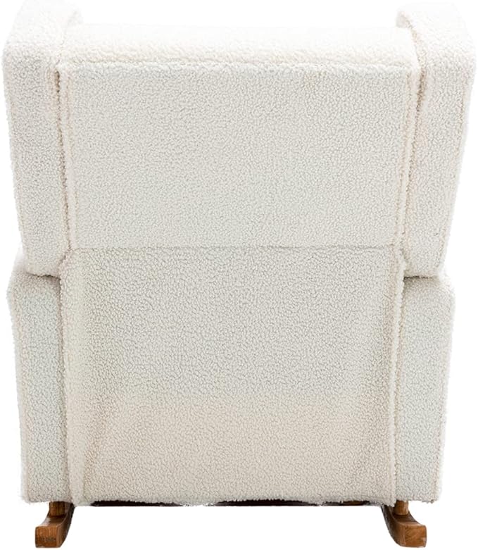 QQU Rocking Chair with Arms Leisure Teddy Fabric Chair IndoorComfy High Back Chair with Solid Wood Base Side Pocket for Living RoomBedroomOffice (White)