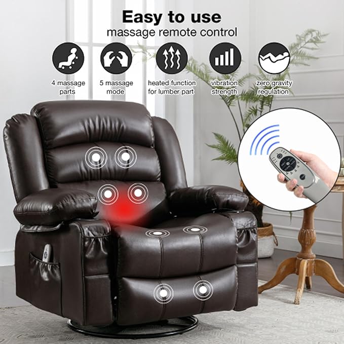 Electric Recliner Chairs for Adults Massage Recliner Chair with Heat 360 Swivel Recliners Chair for Living Room with 2 Cup Holders &amp USB Charge Port Rocking Function and Side Pocket (Brown)