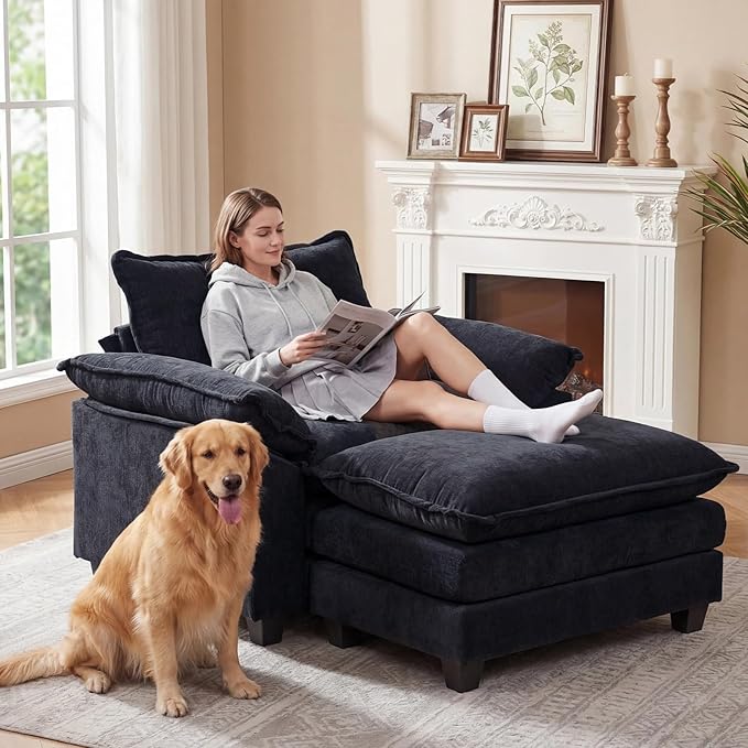 Furniliving 46‘’ Oversized Chair with Ottoman Luxury Chenille Single Sofa Upholstered Deep Seat Chaise Lounge with Pillows for Living Room Bedroom Apartment Black