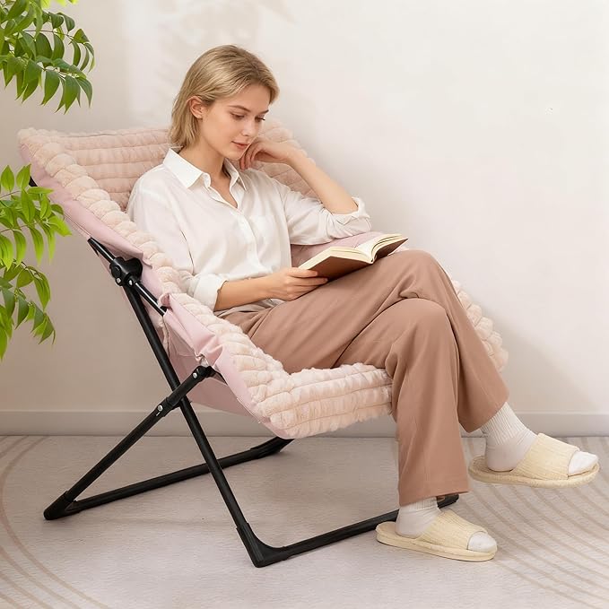 HollyHOME X-Large Saucer Chair Comfy Oversized Folding Chair Faux-Fur Reading Chair for Teens Adults Foldable Accent Chair Metal Lounge Chair for Living Room Bedroom Dorm Grid Champagne Pink
