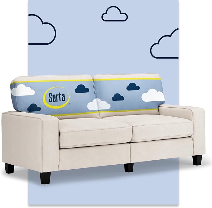 Serta Palisades 73 Track Arm Sofa Easy Care Polyester Soft Pillow Back Pocket Coil Seat Cushions Removable Covers Loveseat or Couch for Small Spaces Living Rooms or Bedrooms Cream White