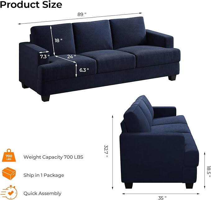 89 Inch Sofa with Extra Deep Seats Oversize 3 Seater Sofa for Living Room Modern Couch and Sofa Comfy Armrests and Seats and Backrests Easy Installation Corduroy Fabric Blue