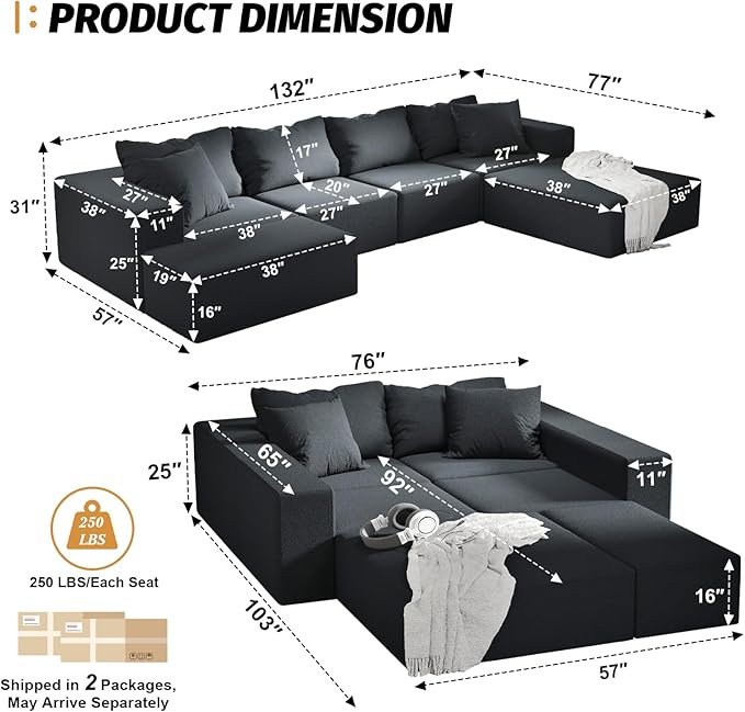 132'' Oversized Cloud Couch Sectional Modular Sectional Sofa with 6 Pillows Comfy Chenille L Shape Couch with 6 Deep Seat Convertible Sleeper Boneless Couches for Living Room No Assembly Black