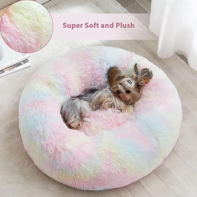 WNPETHOME Donut Dog Beds Large Sized DogAnti-Anxiety Caming Large Pet BedFluffy Faux Fur Plush Puppy BedWarming Cozy Soft Round Bed for Pet Cat Cuddler Cushion