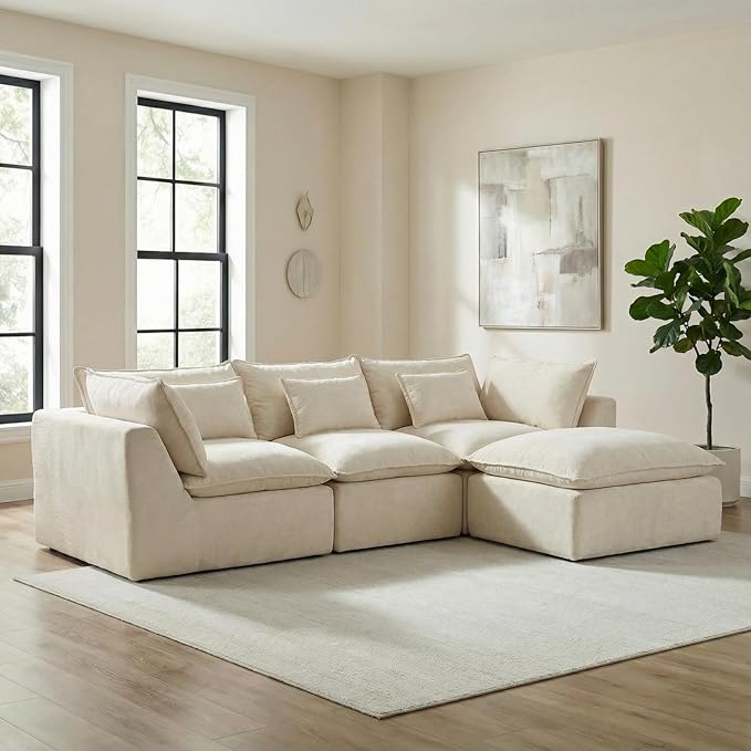 102 Cloud Sectional Sofa with Ottoman Waffle Knit Boneless Couch for Living Room Deep Seat Modular Foam Sofa Anti-Sagging 3-Seater SetWhite
