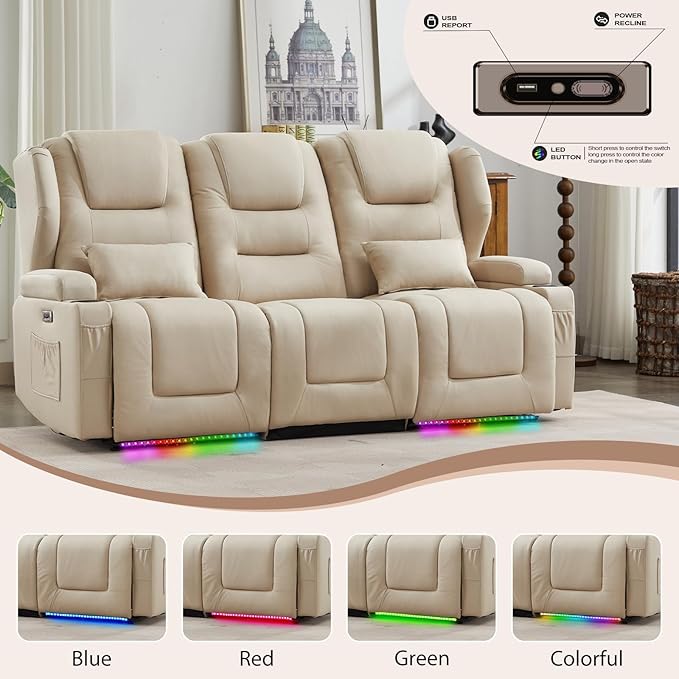 3-Seater Power Recliner Sofa Couch Flip Middle Backrest Reclining Sofa Chair for Living Room with Charging Station/Cup Holders/LED Ambient Light