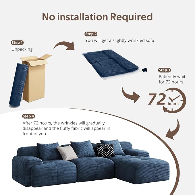 118 Oversized 3-Seater Cloud CouchL-Shaped Boneless Couch Modern Corduroy Upholstery couches for Living Room Modular sectional SofaMovable Ottoman No Assembly Required (Blue)
