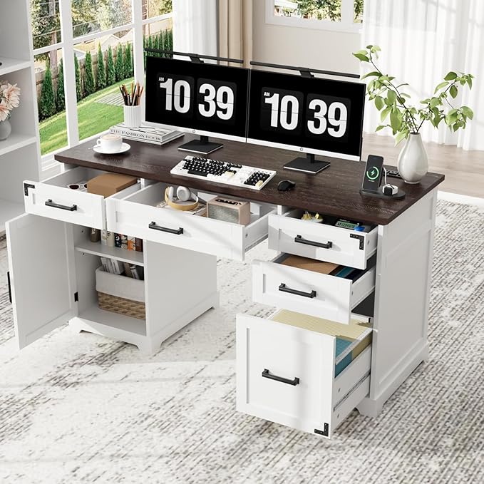 VOWNER 55 Executive Desk Home Office Desk with Drawers and Storage Cabinet Farmhouse Wood Desk Workspace for Work Study Writing Charging Station Letter/A4 File Drawer White